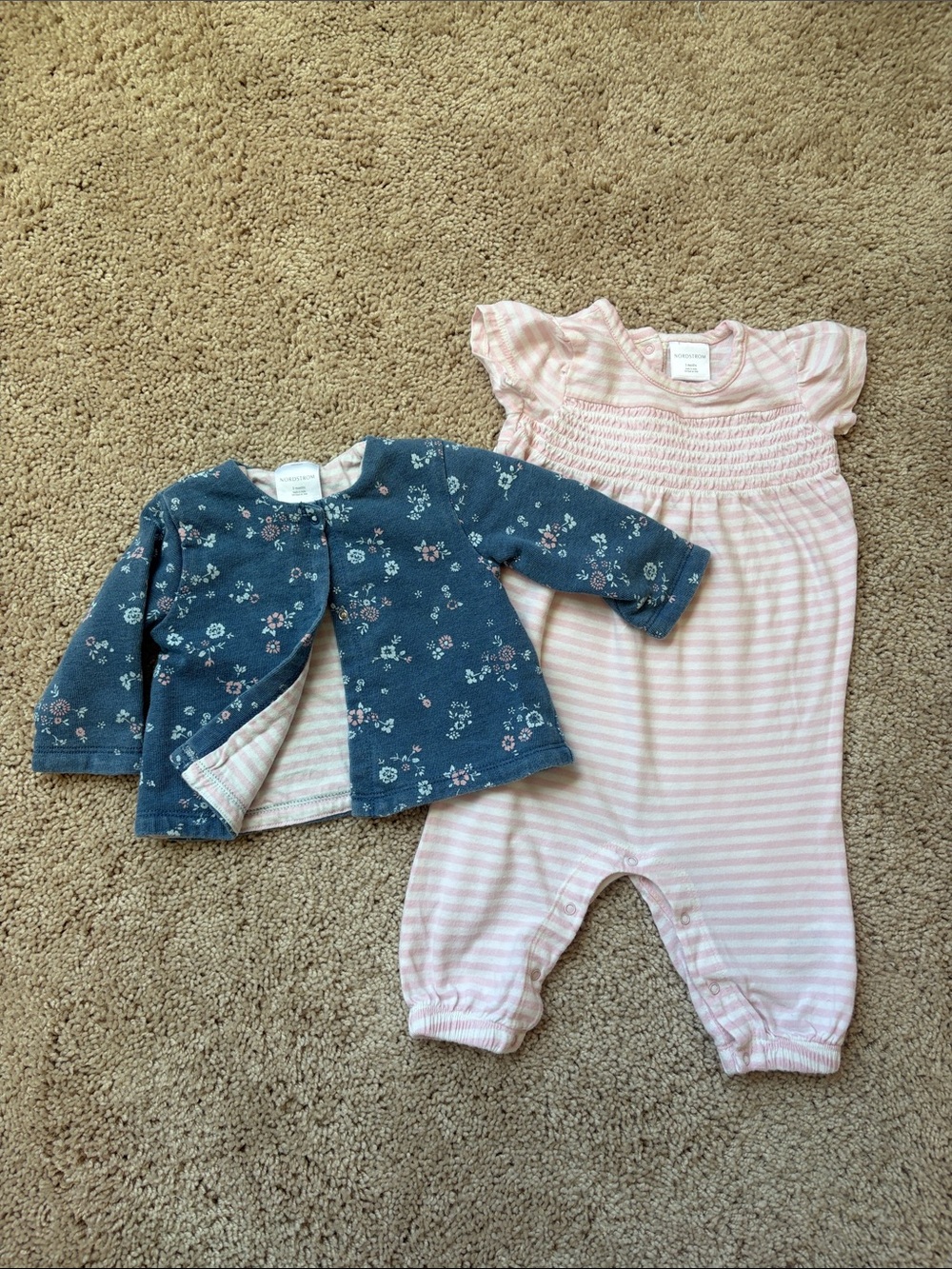Nordstrom Pink Striped Romper with Blue Floral Cardigan